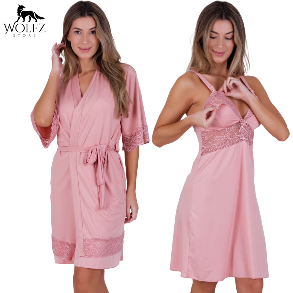 Kit Camisola Amamentação + Robe Luxo Confortável Com Renda Delicada Saída de Maternidade