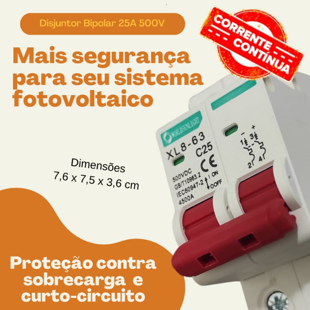Disjuntor Bibolar 25a - Solar Fotovoltaico Corrente Contínua (dc) / Energia Solar - Bipolar 25a 500v