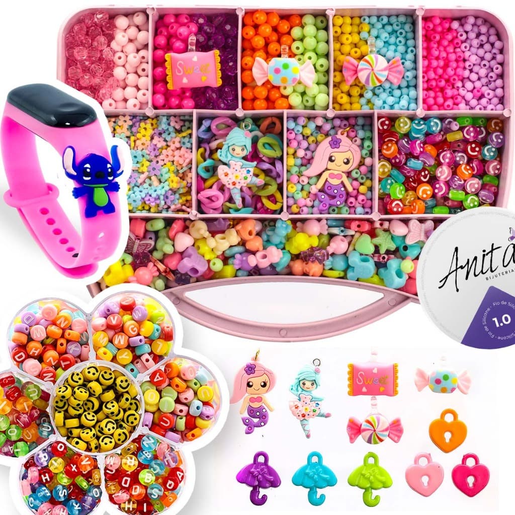 Kit Miçangas Infantil 3500 Pçs Para Montar Pulseiras Bolinhas Maleta 19x13 Cm 1 Relógio Digital Stitch Anita Bijuterias