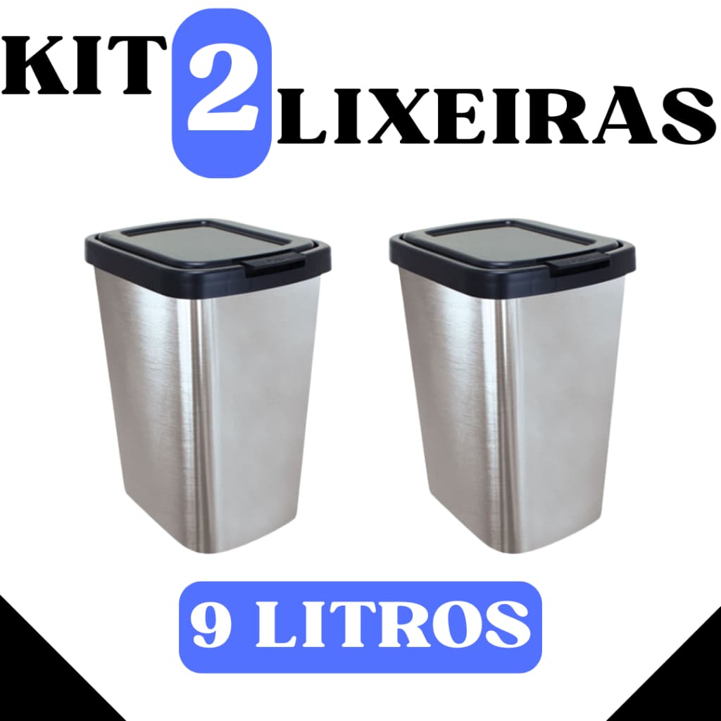 Kit 2 Lixeiras Práticas 9 Litros Prata com Tampa Click Label Inox Toy