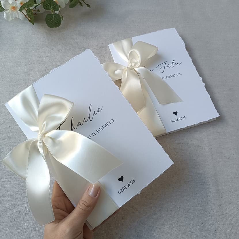Par de Caderno de Votos dos Noivos de Casamento Personalizado Laço de Cetim Champanhe  - Papel Texturizado