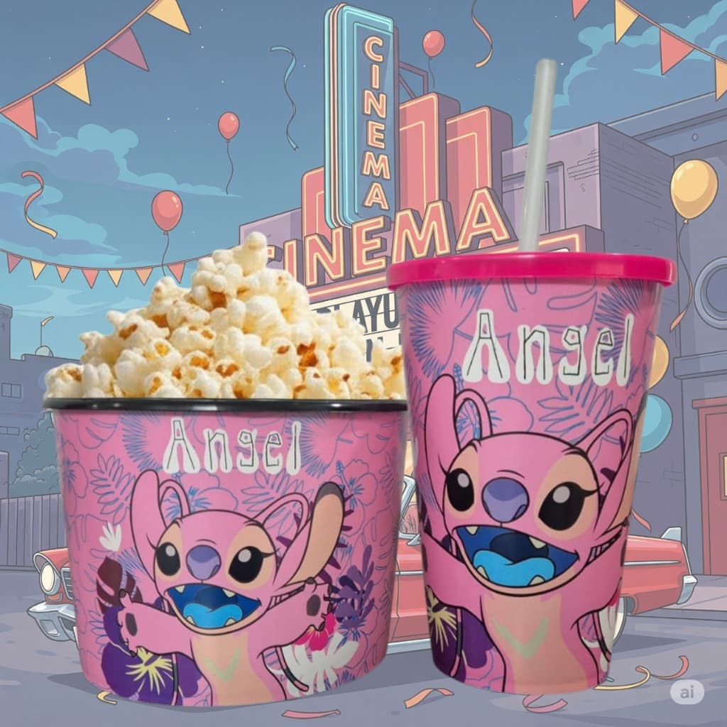 Balde para Pipoca 1,5 Lt  Angel + Copo 550 Ml com Canudo - Kit Cinema Angel Kids