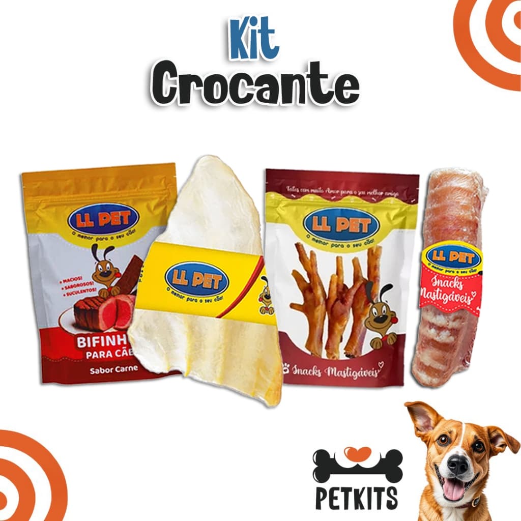 Petisco Natural Mordedor Kit Crocante para Cães (Orelha Bovina, Pé de Galinha, Traqueia Bovina, Bifinho)