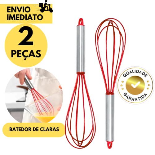 Kit 2 Fouet Batedor Manual Silicone Vermelho Cabo Inox Ovos Cozinha Massas Ovos Clara em Neve