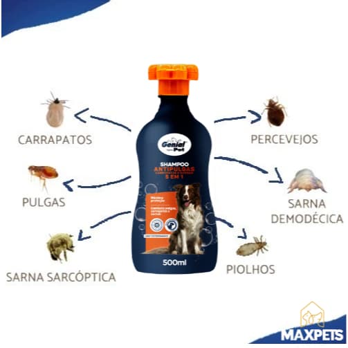Shampoo Antipulgas 5 em 1 Carrapatos e Sarnas Genial Pet 500 ml