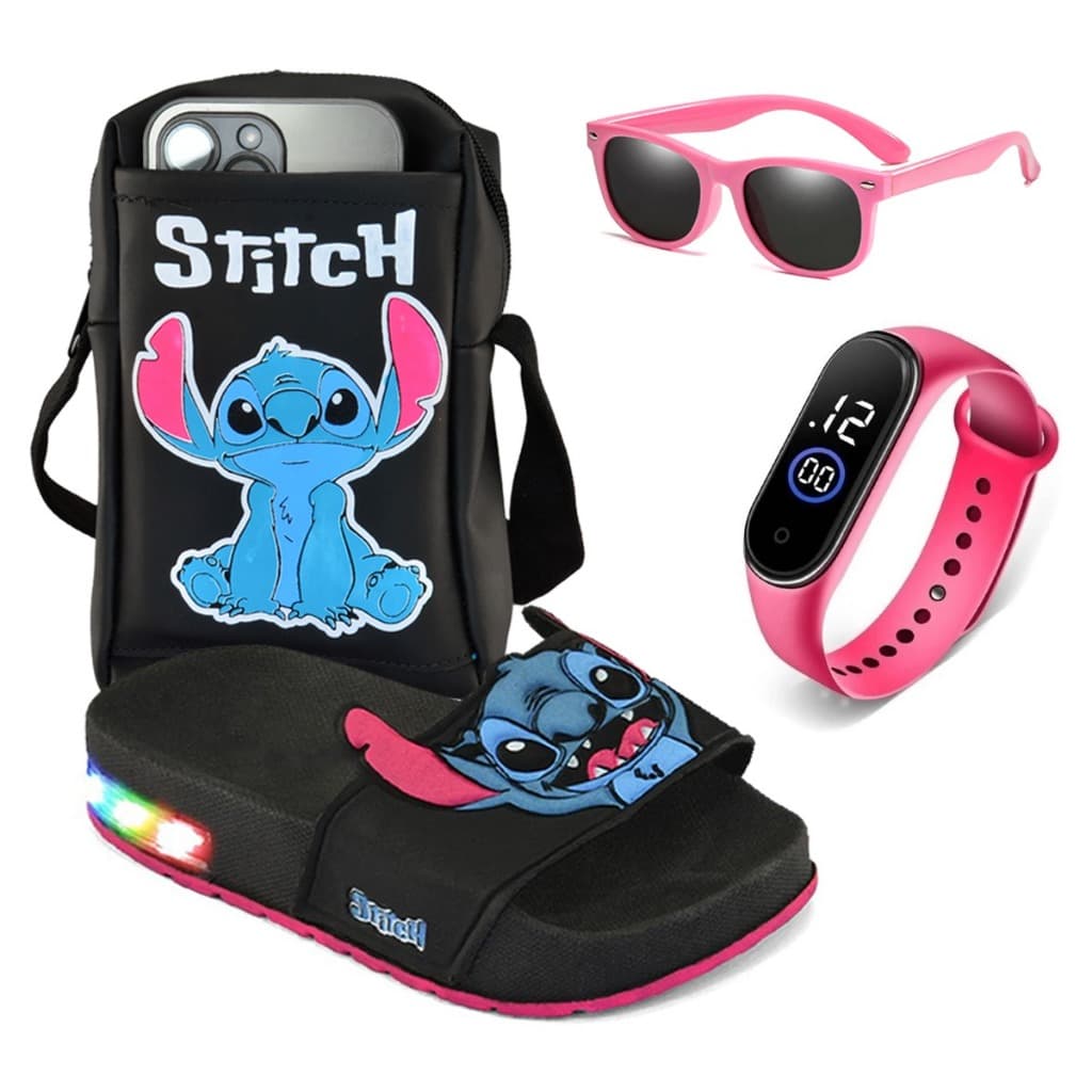 Kit Chinelo Stitch Infantil com LED + Bolsa + Relógio + Oculos l Colorido, Super Leve | Envio Rápido