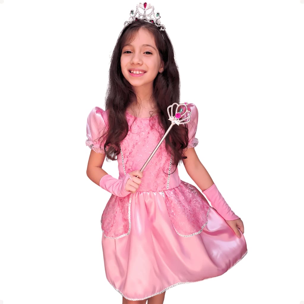 Fantasia Infantil Princesa Aurora Vestido de Festa Rosa Bela Adormecida Menina Kit Acessórios Luxo