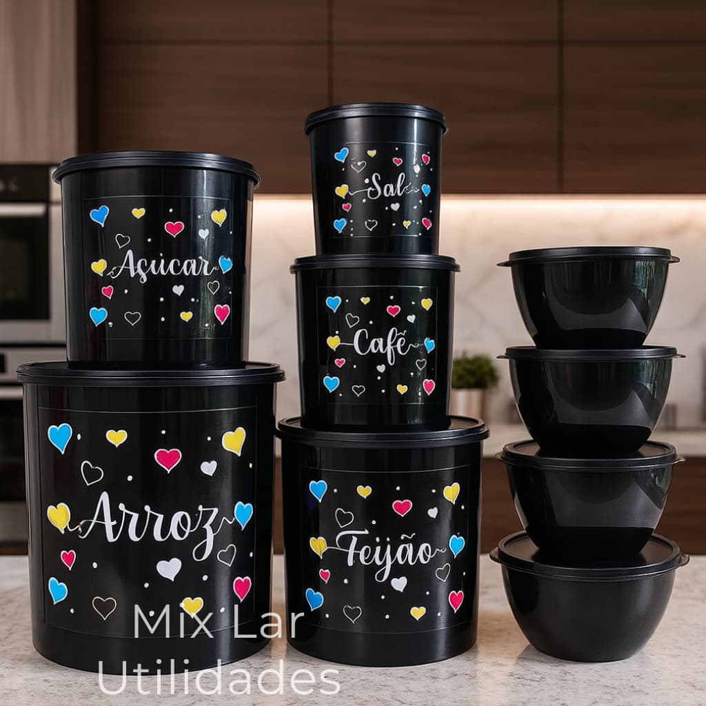 Kit de potes mantimentos cozinha com 5 peças + 4 potes redondos