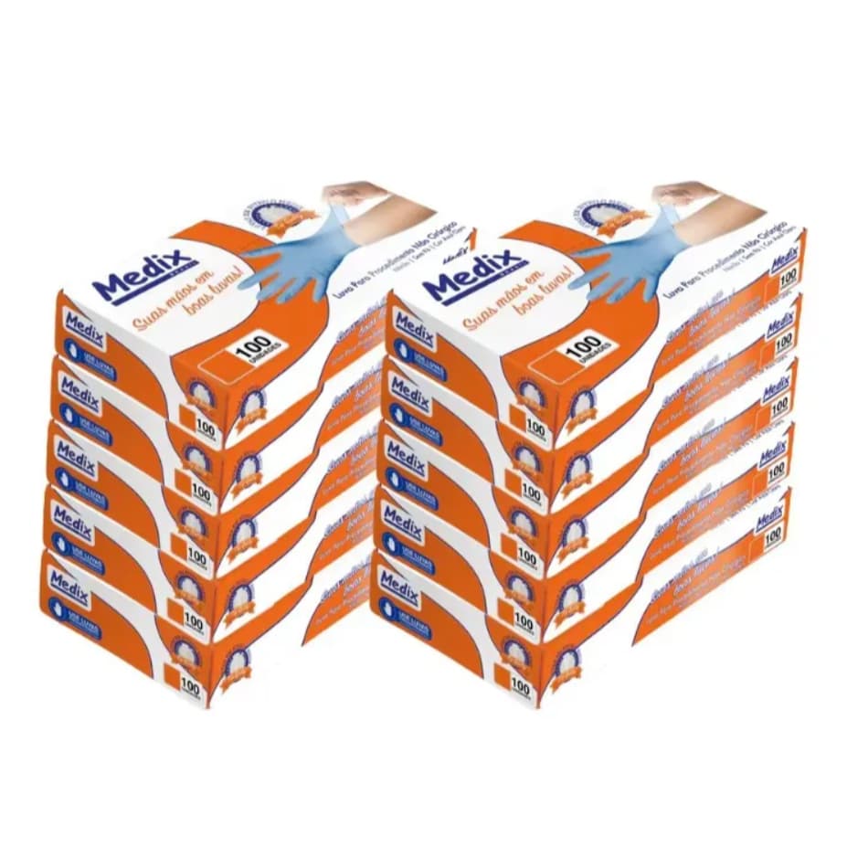 Kit 10 Caixas Luva Nitrílica Azul Medix Descartável Sem Pó (1.000 unidades)