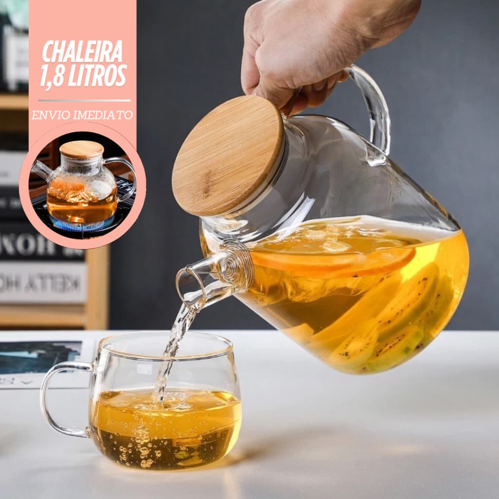 Chaleira de Vidro Tampa de Bambu Resistente a Fogo Borossilicato  com 1,8 Litros Tampa Hérmetica Jarra Geladeira Café In
