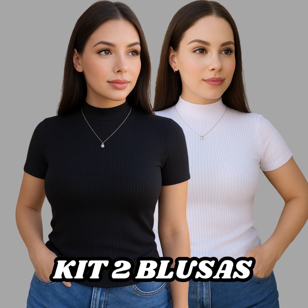 Kit 2 Blusa Canelada Feminina Gola Alta Manga Curta