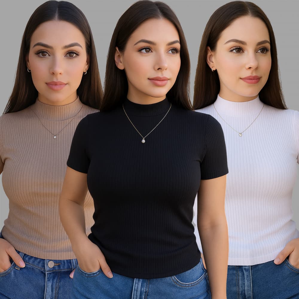 Blusa Canelada Feminina Gola Alta Manga Curta