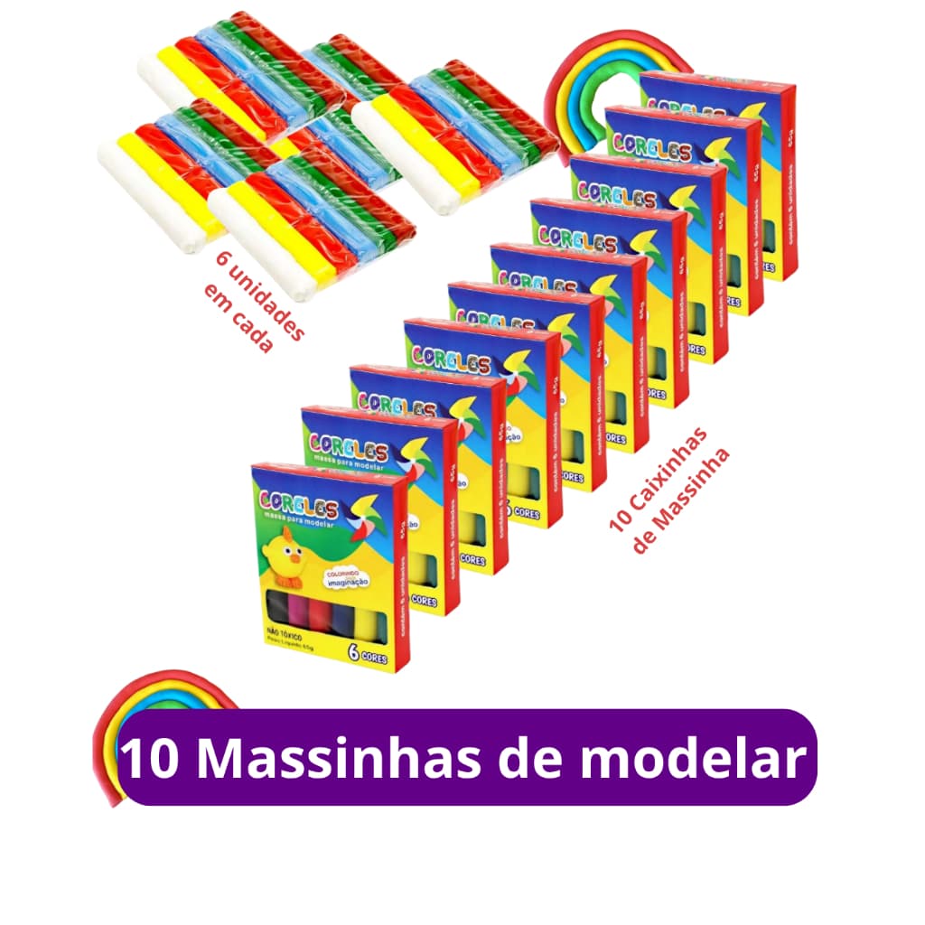 Kit 10 Caixas Massinha de Modelar com 6 Cores Kit Festa Intantil Lembracinhas 65g