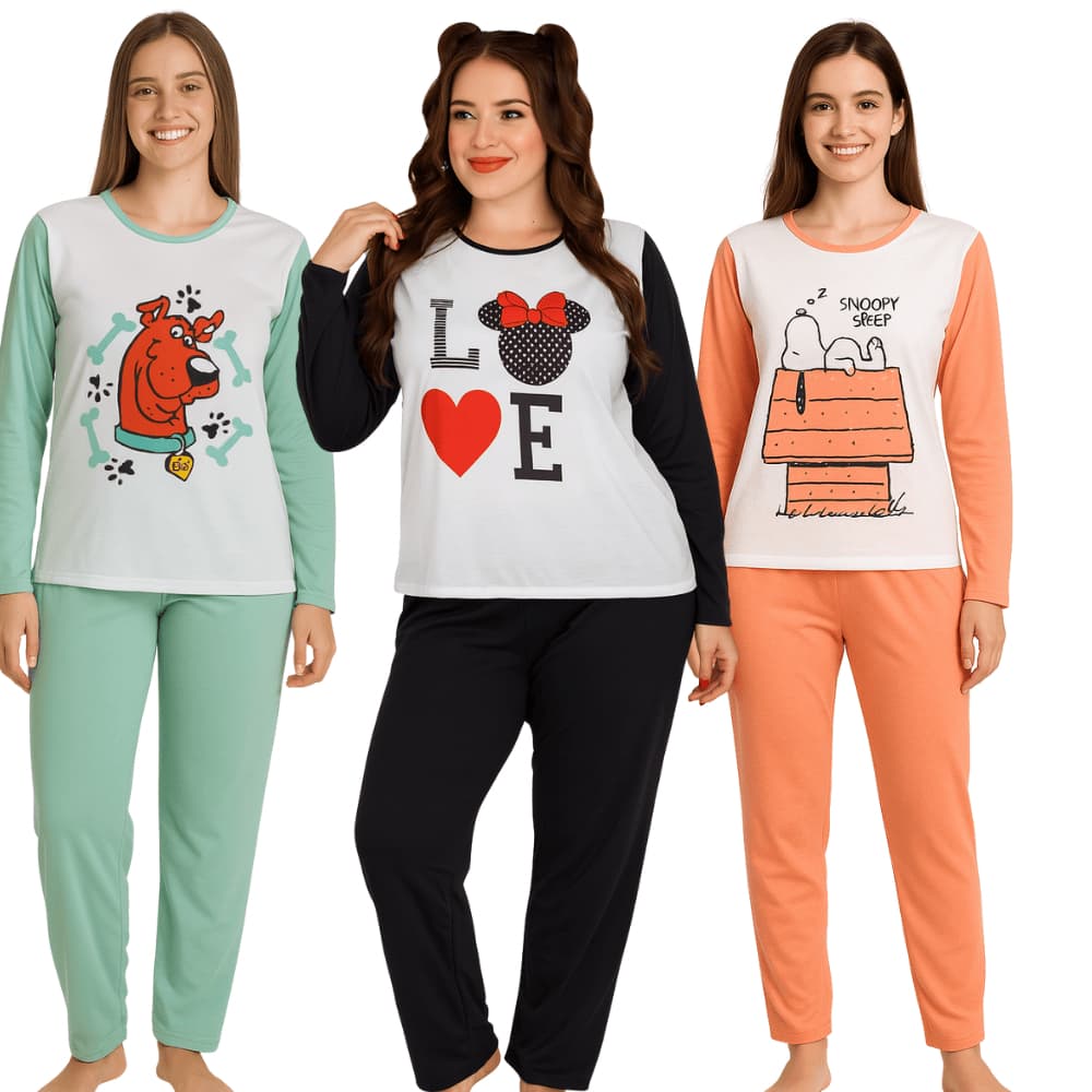 Pijama Feminino Adulto Longo Estampado Personagens/ Pijama Feminino Inverno/ Pijama Meia Estação