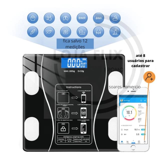 Balança De Bioimpedância Imc Digital Bluetooth E Aplicativo conp-288