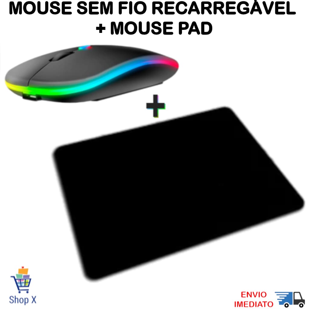 Kit Mouse Sem Fio Recarregável mais Mousepad - Mouse Bluetooth Wireless RGB Ergonômico Silencioso