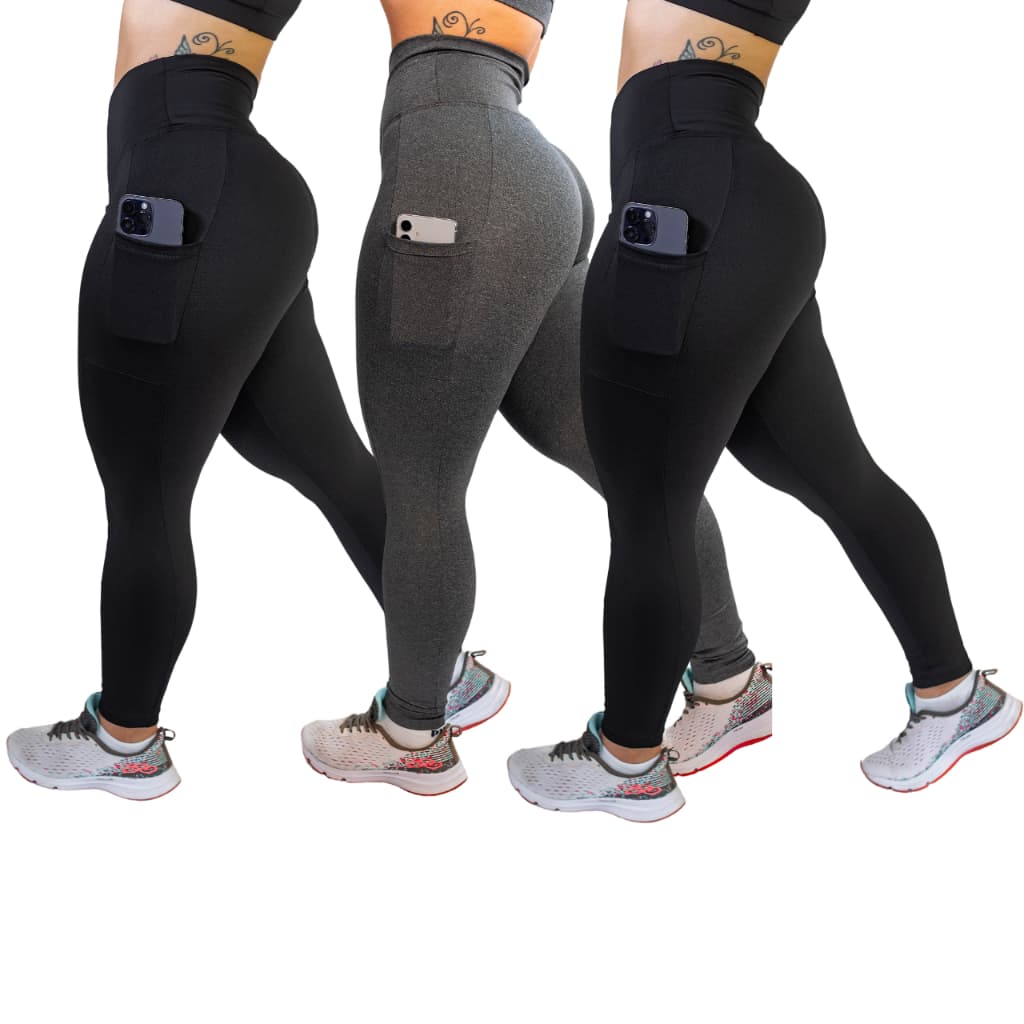 Kit 3 Calças C/ Bolso Cos Alto Reforçada Fitness Academia Corrida Trabalho