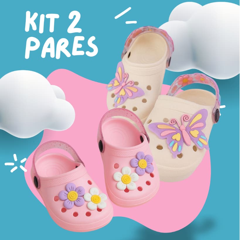 KIT 2 PARES Sandalia Infantil Menina Babuche  Antiderrapante Confortável Kids Menina Feminino Borboletas e Flores