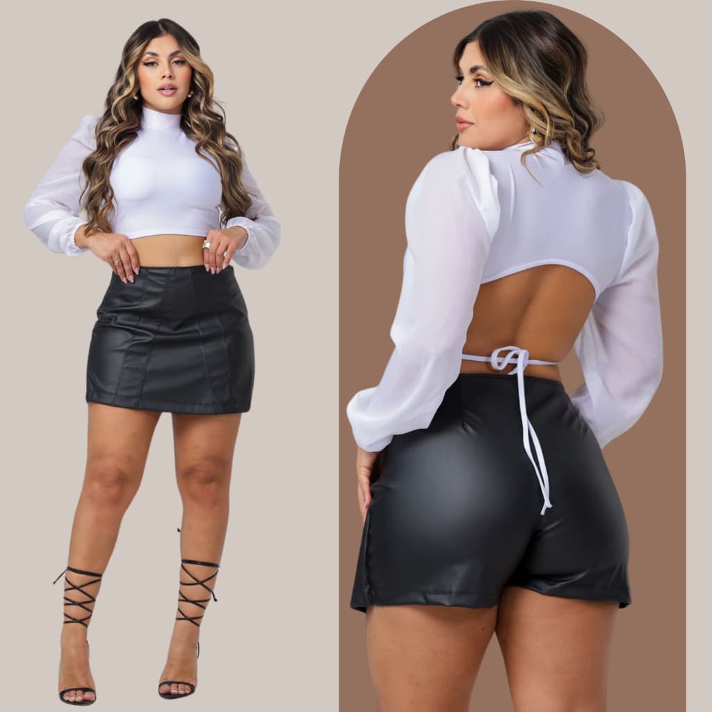 Shorts Saia Couro Fake Feminino PU Cintura Alta Look Noite Balada Fashion Blogueira