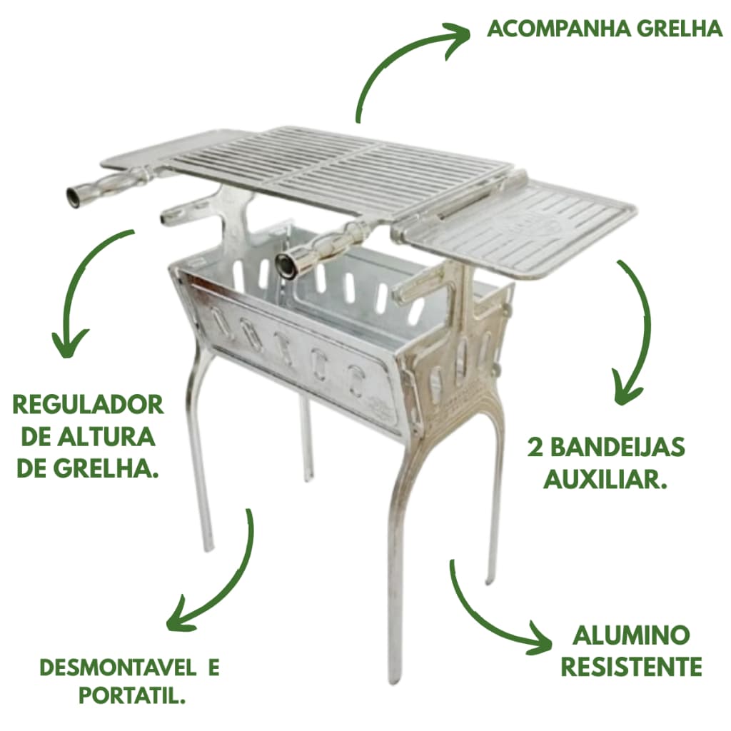 Churrasqueira 80cm Alumínio Fundido Grosso + 2 Bandejas Laterais