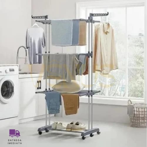Varal de Chão Grande Dobrável com Rodinhas, 3 Andares Reforçados e Retráteis, Suporta Até 30 Kg