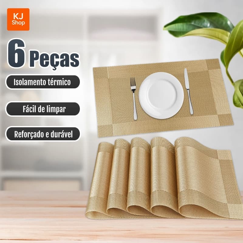 Kit 6 Peças Jogo Americano PVC Metalizado Retangular para Mesa Posta Jantar Moderna