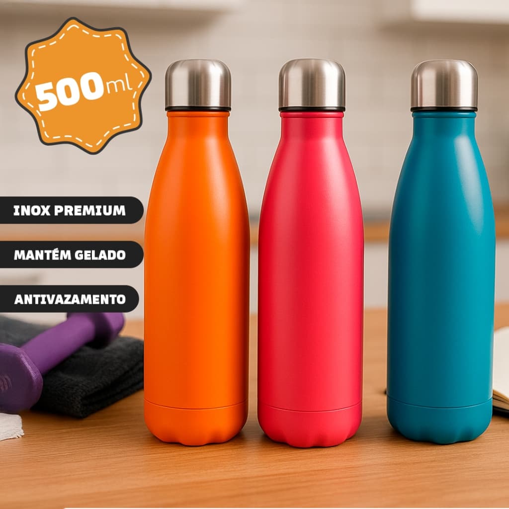 Garrafa Térmica 500ml Inox Parede Dupla com Tampa – Mantém Temperatura Antivazamento