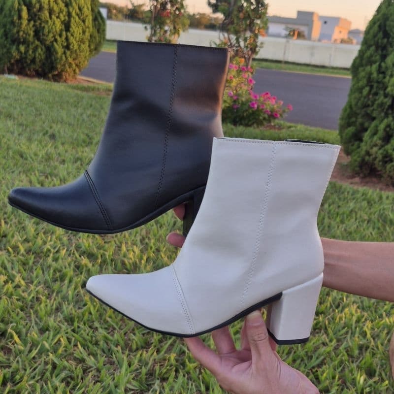 Bota Bico Fino Feminina Cano Curto Com Ziper Country Salto Medio Bloco Confortavel