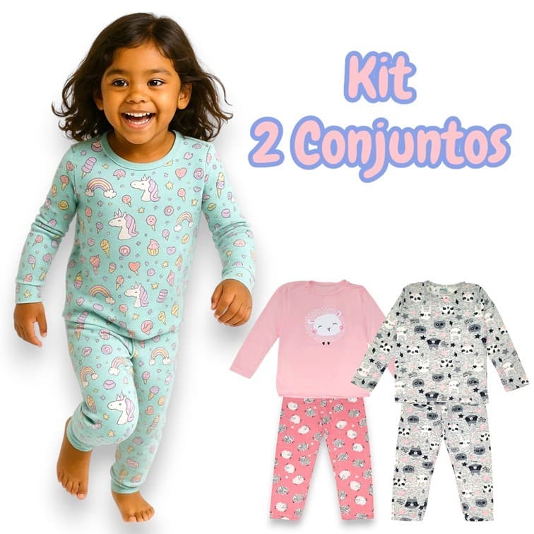 Kit 4 Peças Pijama Infantil Menina Manga Comprida Tamanho 1 ao 10