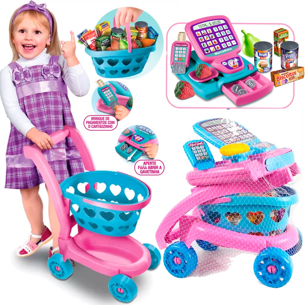 Carrinho de brinquedo compras super mercado frutas mercadinho caixa registradora carro faz de contas