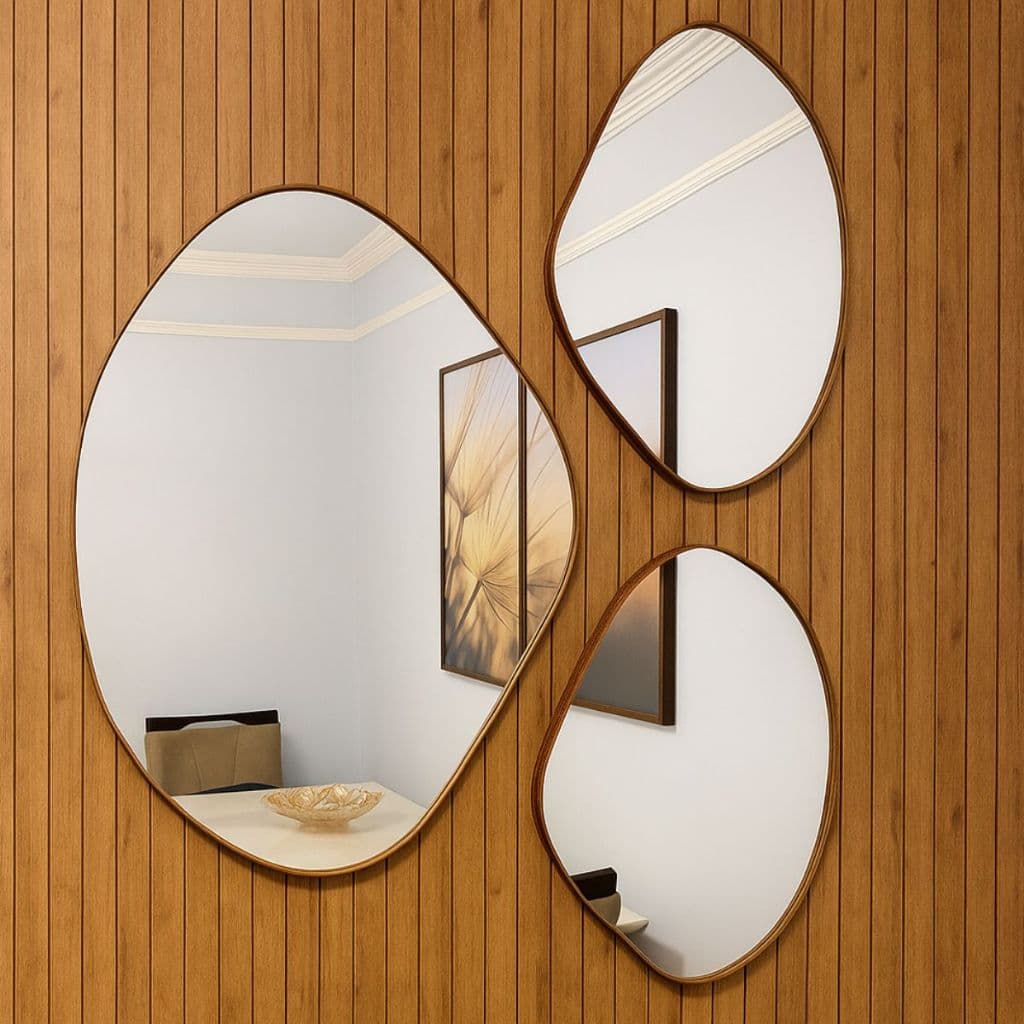 Kit Combo 3 Espelhos Orgânicos Decorativos Composição Mosaico Moldura Couro Reforçado C/ Suporte