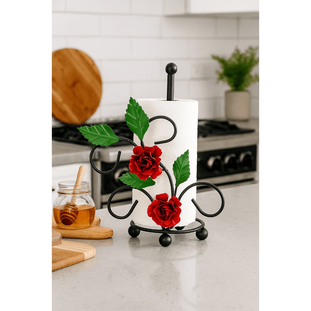 Porta Papel Toalha Preto Fosco Com Rosas