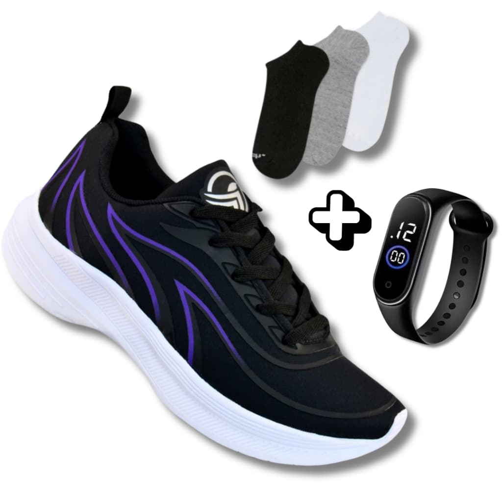 Combo Feminino Corrida: Tênis Esportivo + Meia Curta + Relógio Digital