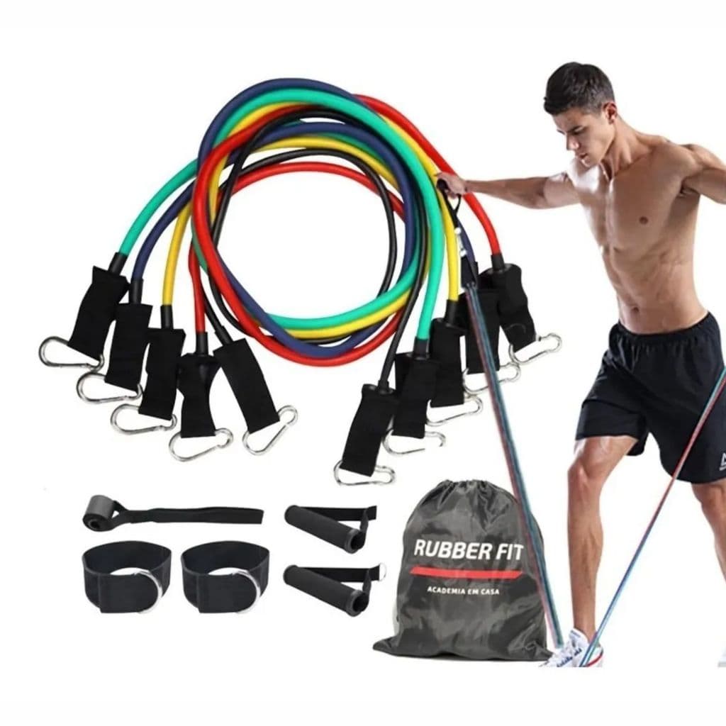 Kit de Elásticos Para Treino Exercícios Malhar Academia Tubing 11 Peças Rubber Fit
