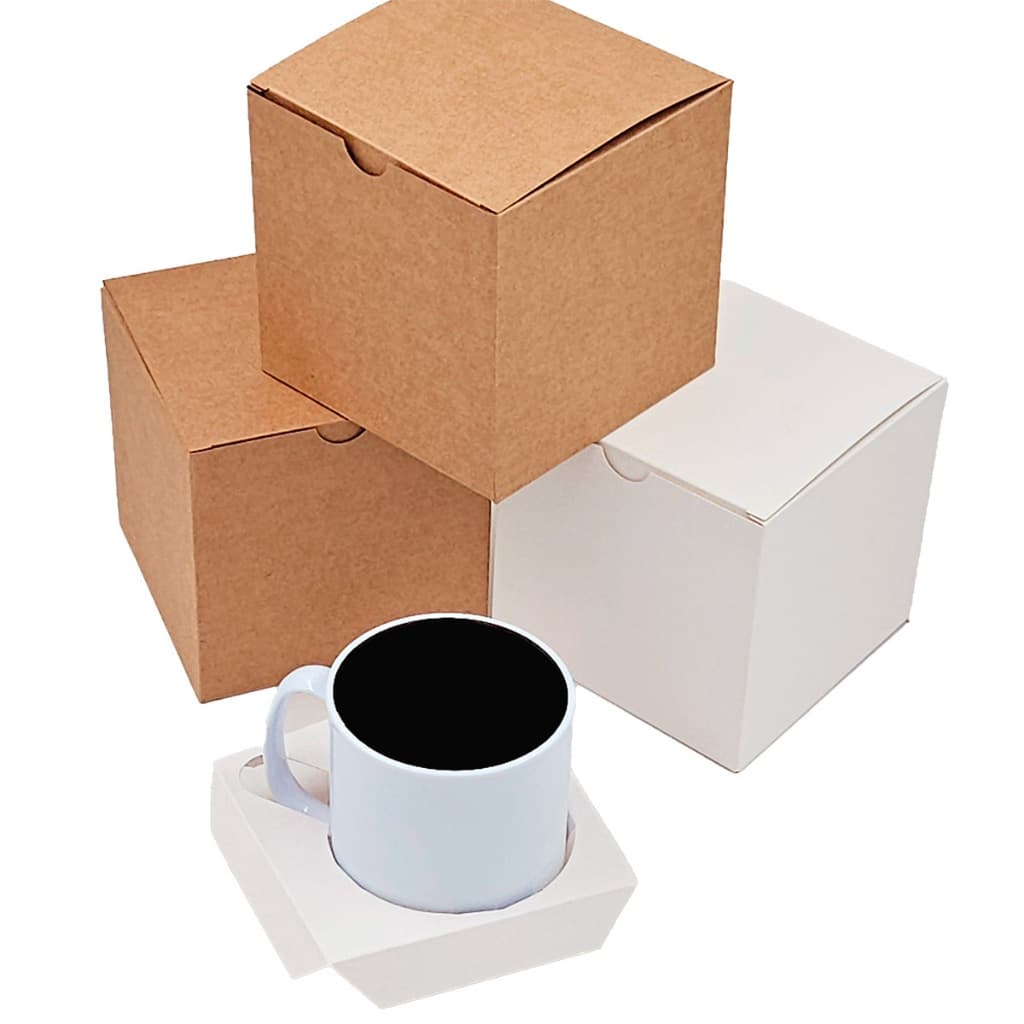 10 Caixas para canecas com suporte, branca ou kraft, fácil montagem, papel sublimável