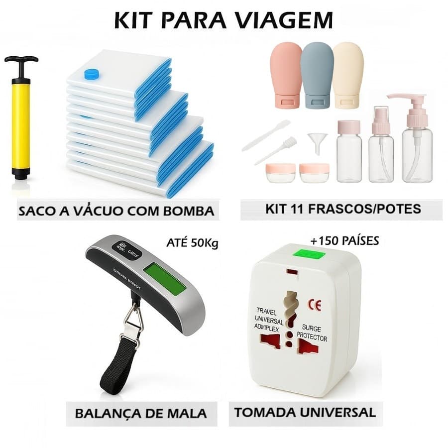 Kit Viagem Balança Mala Adaptador Tomada Saco Vacuo 50x60 Bagagem Aeroporto Organizador