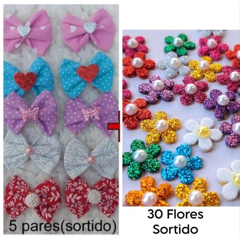 Kit 10 laços + 30 flores com gliter adesivados pet/banho e tosa