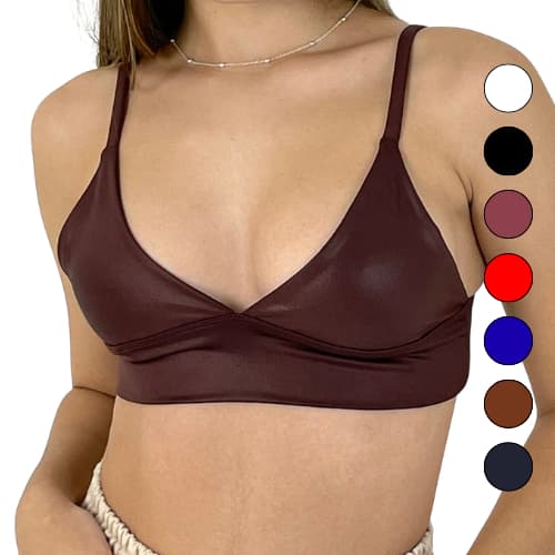 Top Cropped Feminino Alcinha Decote Couro Fake Cirrê Premium Tecido Duplo Carioca