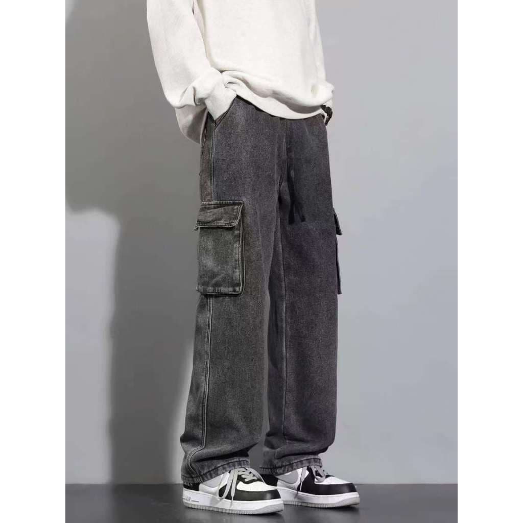Calça Cargo Jeans Masculina Streetwear — Lavagem Vintage, Bolsos Laterais, Perna Larga p ao gg