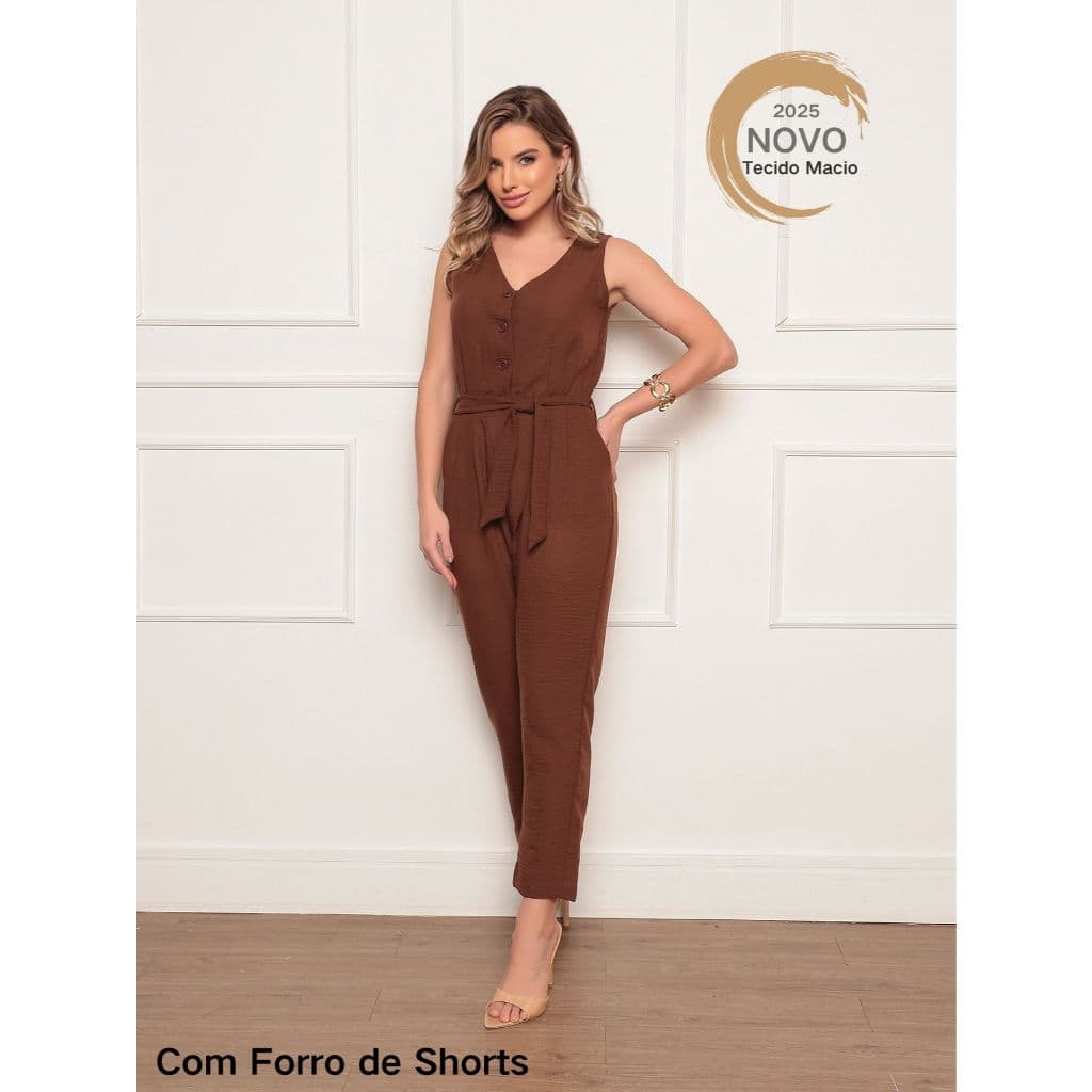 Macacão Longo Feminino Sem Mangas Com Decote Em V E Amarração Na Cintura Macacão Longo Botões Amarrar