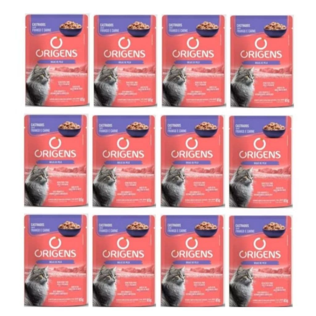 KIT 12 Sachês Origens Gatos Adultos Castrados FRANGO 85g - Ração Úmida