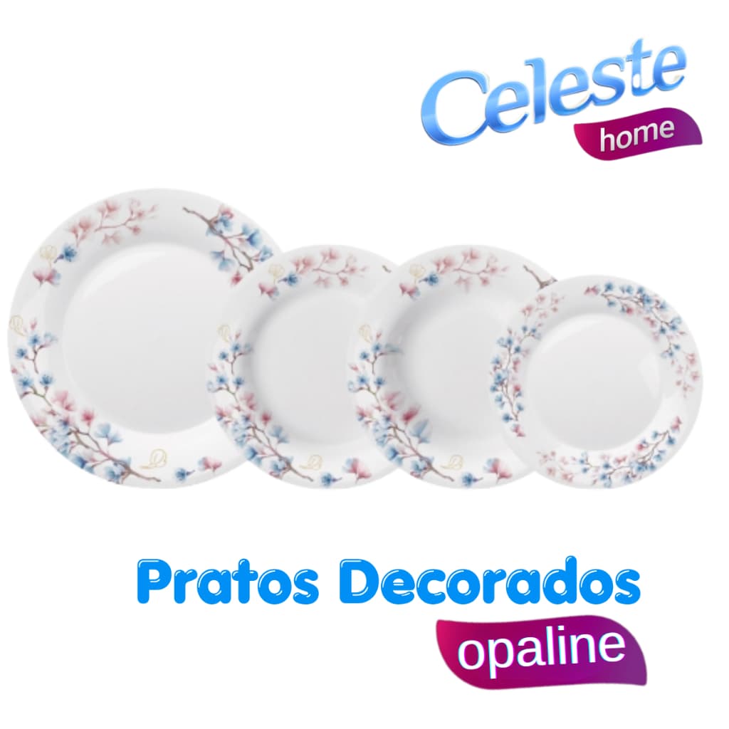 KIT COM 6 PRATOS EM VIDRO OPALINE DA CELESTE - BRANCO DECORADO