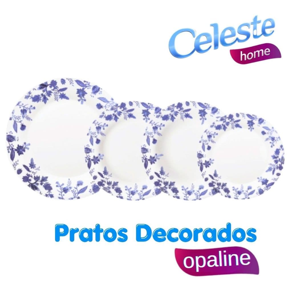 KIT COM 6 PRATOS EM VIDRO OPALINE DA CELESTE - BRANCO DECORADO