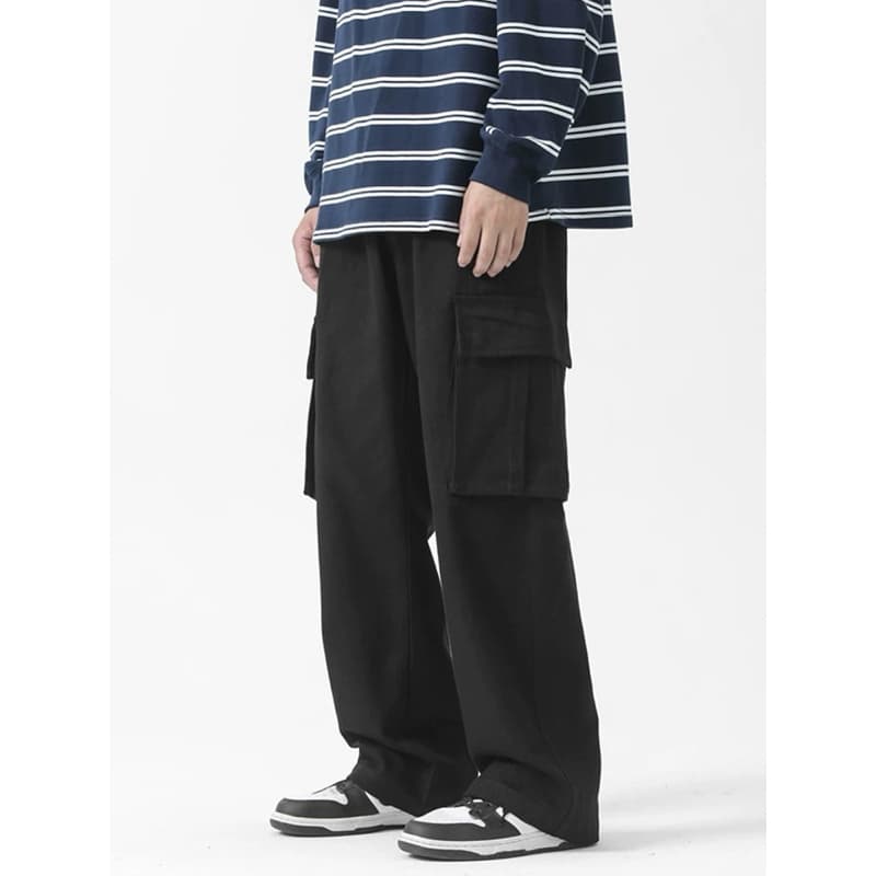 Calça Cargo Masculina Estilo Streetwear Bolsos Grandes, Perna Larga, Moda Casual