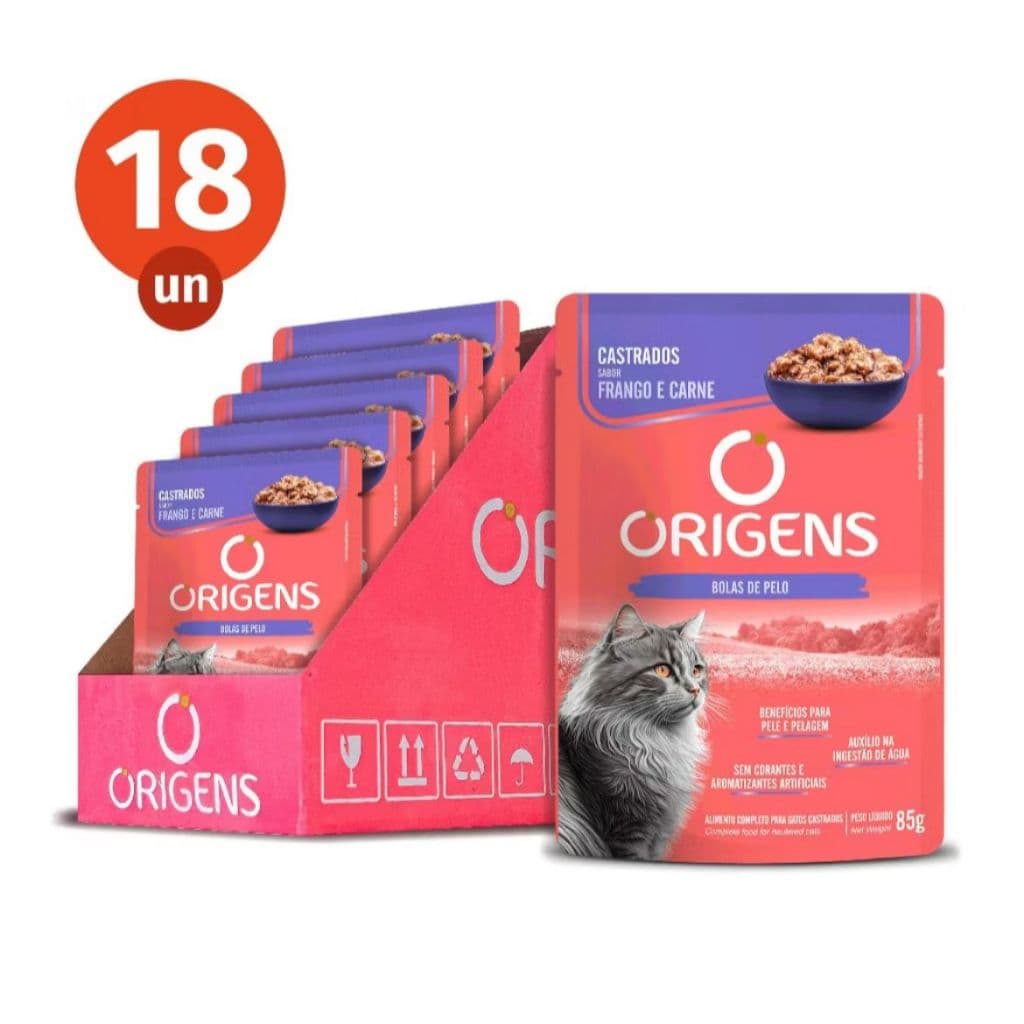 CAIXA 18 UNIDADES - SACHE ORIGENS FRANGO e CARNE AO MOLHO - ADULTOS CASTRADOS