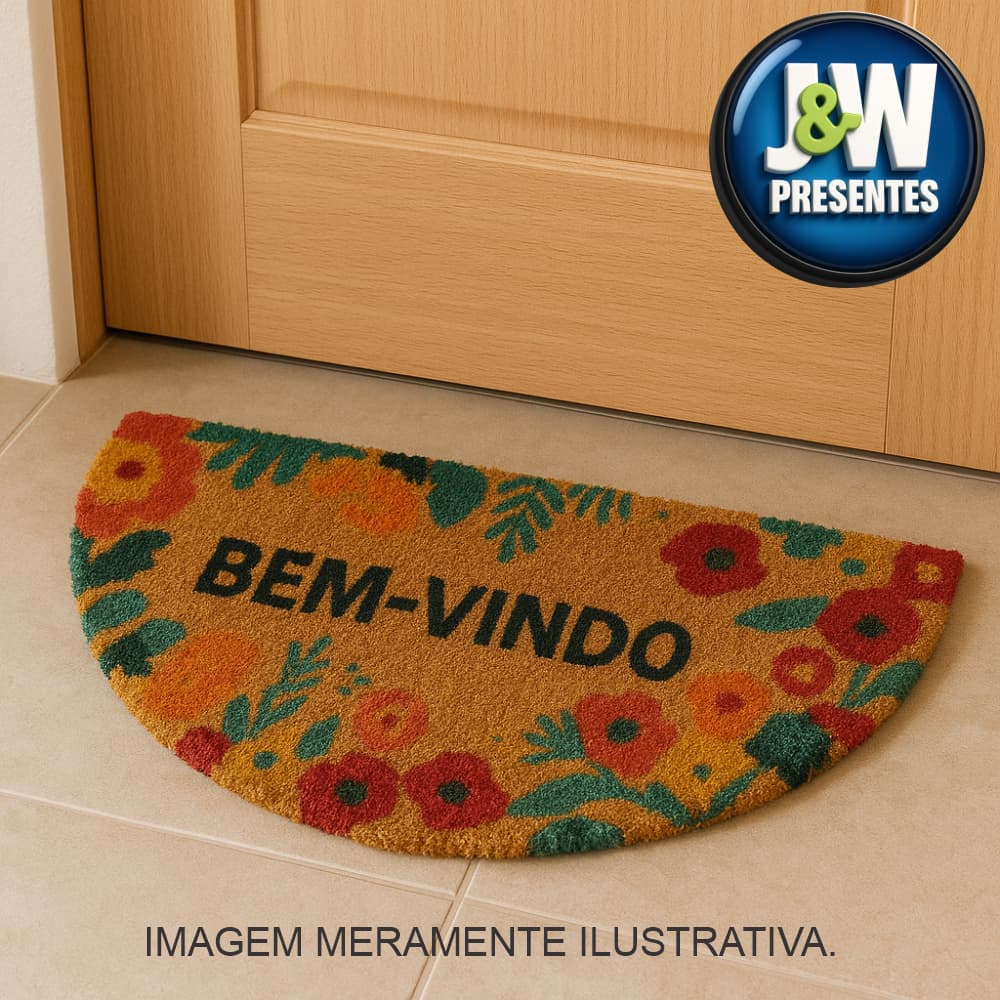 Tapete capacho Fibra De Coco Bem Vindo Meia Lua e Retangular 60cm X 33cm Com Desenho