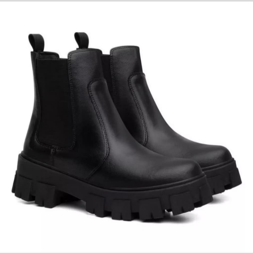 Bota Coturno Chelsea Tratorado Feminina Moda Preta Elástico Casual