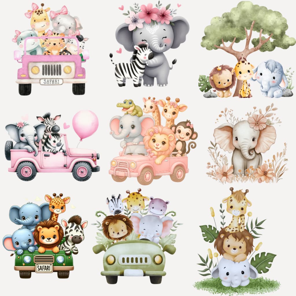 9 Bichinhos Personagem SafariTermocolante Aplique Estampado para Tecido Personalizar e Estampar Roupas com ferro