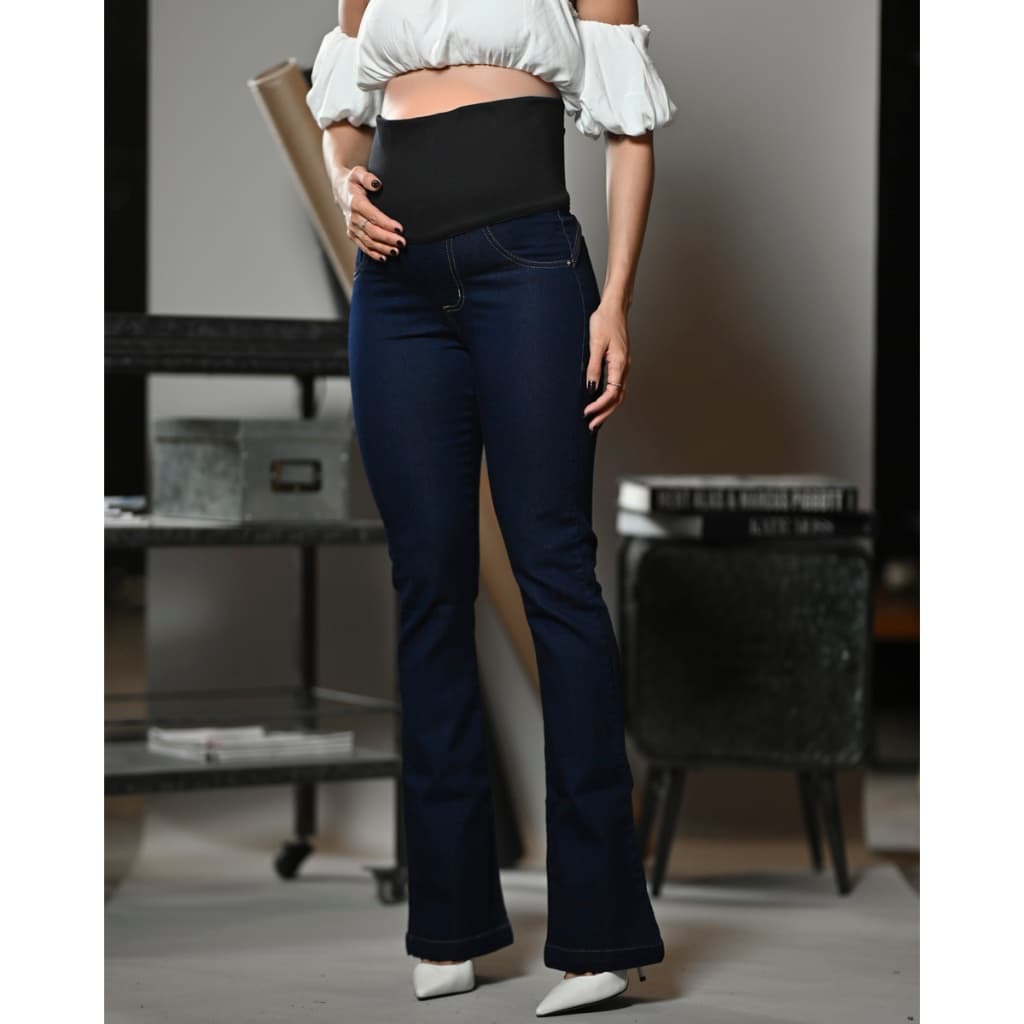 Calça Flare Jeans P/Grávida Cós Alto Adaptavel Gestante