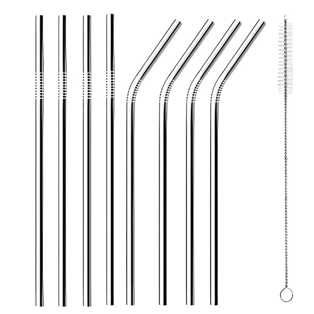 Combo 08 Canudos Inox Curvos 02 Escovas 10 Peças Ecológico Reutilizáveis Laváveis